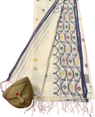 kalpana handloom Solid/Plain, Paisley, Geometric Print Handloom Pure Cotton Saree(White)