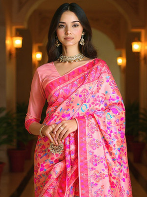 Sareemall Woven Banarasi Cotton Blend Saree(Pink)