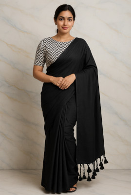 SMRITI HANDLOOM Solid/Plain Handloom Handloom Pure Cotton Saree(Black)