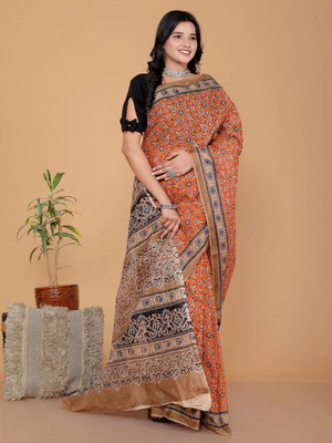 Jevi Prints Blocked Printed Bollywood Pure Cotton Saree(Orange)