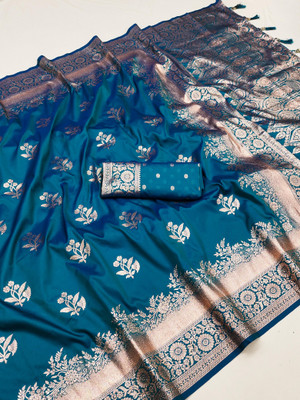 VISVASTA Woven, Printed, Embellished Banarasi Jacquard, Silk Blend Saree(Light Blue)
