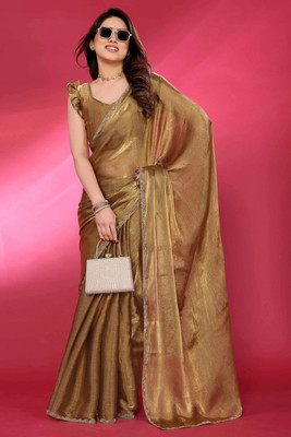 DEBRIS FAB Solid/Plain Bollywood Jimmy choo Saree(Gold)