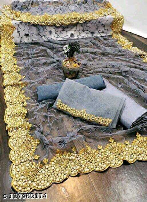 PRIVYSTORE Embroidered Bollywood Net Saree(Grey)