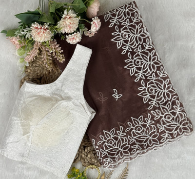 PATTARI Embroidered Bollywood Net Saree(Brown)