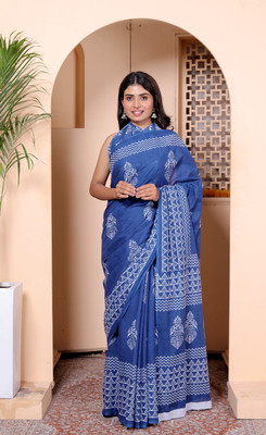 Shyamcreation Printed Ikkat Pure Cotton Saree(Blue)