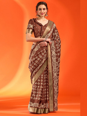 Sareemall Printed Madurai Silk Blend Saree(Brown)