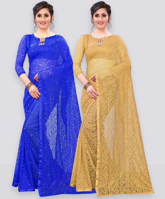 LOROFY Self Design Bollywood Net Saree(Pack of 2, Blue, Beige)