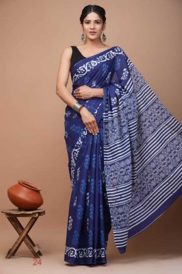 NAMITASAREES Blocked Printed Handloom Pure Cotton Saree(Blue)