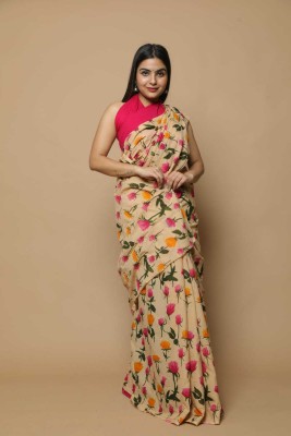 NIKHILAM Floral Print Daily Wear Pure Cotton Saree(Beige)