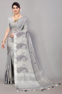 ALAGINI Self Design, Embroidered, Floral Print Bollywood Cotton Linen, Linen Saree(Grey)