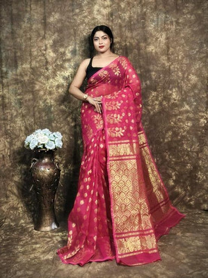 Pasum's Woven, Self Design Jamdani Cotton Silk Saree(Dark Green)
