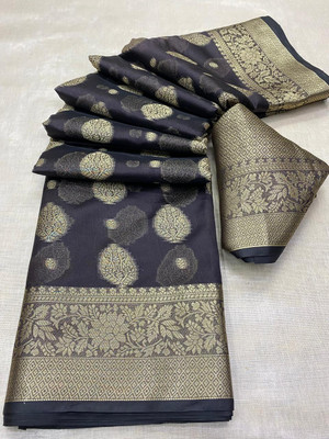 Hensi sarees shop Printed Pochampally Organza, Silk Blend Saree(Grey)