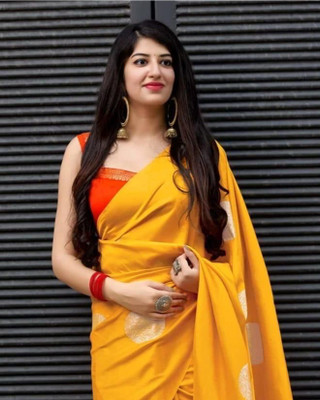 Rudr Venture Self Design Banarasi Cotton Silk Saree(Yellow)