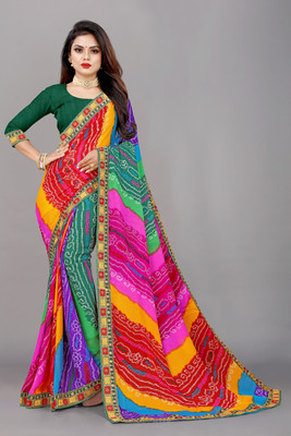 HouseOfCommon Printed Leheria Georgette, Chiffon Saree(Multicolor)