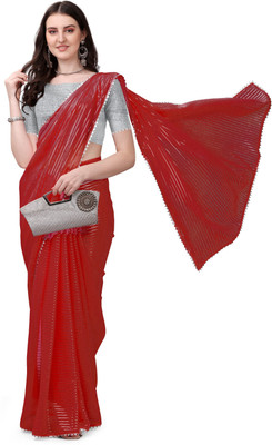 V And V Shop Printed, Temple Border, Striped, Solid/Plain Daily Wear Georgette, Chiffon Saree(Red)
