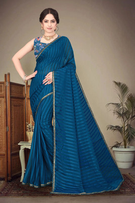 HouseOfCommon Striped Bollywood Georgette Saree(Blue)