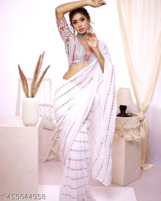 emzo Embroidered Bollywood Georgette Saree(White)