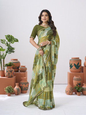 Laxmipati sarees Printed Saree with Attached Blouse Chiffon Saree(Green)