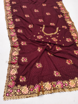 KHRITI FAB Embroidered, Floral Print Bollywood Georgette Saree(Brown)