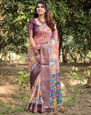 Satrani Printed, Woven, Embellished Kalamkari Tussar Silk Saree(Pink, Multicolor)