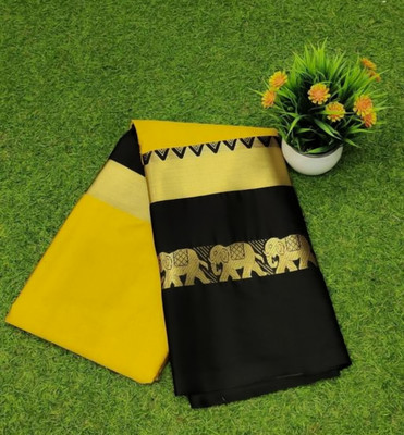 Mortal Textile Solid/Plain Handloom Cotton Silk Saree(Yellow, Black)