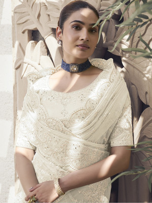 Suha Embellished Bollywood Net Saree(White)