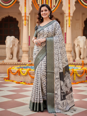 ZAMUNA Digital Print, Floral Print, Woven, Animal Print Banarasi Tussar Silk, Linen Saree(Green, White)