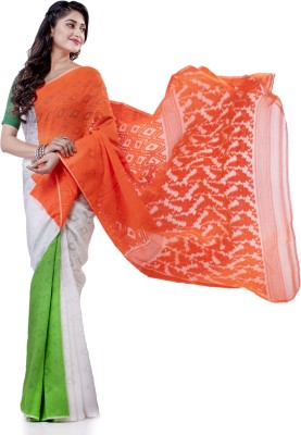 Desh Bidesh Woven, Self Design, Floral Print Jamdani Handloom Cotton Blend, Pure Cotton Saree(Orange, White, Green)