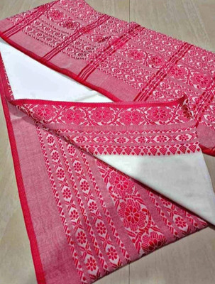 Soma Tant saree Mahal Self Design, Woven, Geometric Print Handloom Cotton Silk Saree(White)