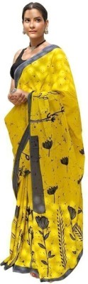 MAYAK HANDLOOM Printed, Blocked Printed, Hand Painted Bollywood Pure Cotton Saree(Yellow)
