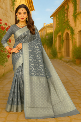 VARUTEX Printed Banarasi Cotton Blend Saree(Grey)