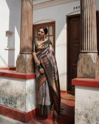 Upalksh Self Design, Woven, Printed, Temple Border, Striped, Embroidered, Solid/Plain Kanjivaram Jacquard, Art Silk Saree(Grey)