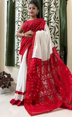 RIDDHIMAN FASHION Self Design Jamdani Cotton Blend Saree(Maroon)