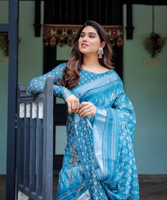 maharani couture Digital Print Bollywood Cotton Linen Saree(Blue)