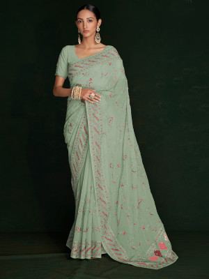 odette Embroidered Saree with Attached Blouse Georgette Saree(Green)