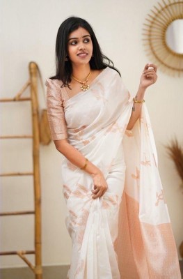 TopJec Woven Bollywood Jacquard, Pure Silk Saree(White)