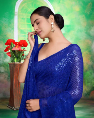 Jayu Embroidered, Embellished Bollywood Georgette Saree(Blue)