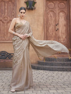 Tikhi Imli Solid/Plain Bollywood Organza Saree(Beige)