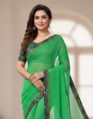 Anugrah Textile Printed Banarasi Lycra Blend, Chiffon Saree(Green)