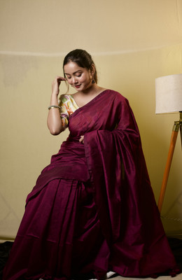 aangmi Self Design Handloom Khadi Saree(Purple, Yellow)