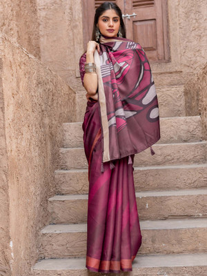 Divastri Digital Print Hand Batik Tussar Silk Saree(Magenta)