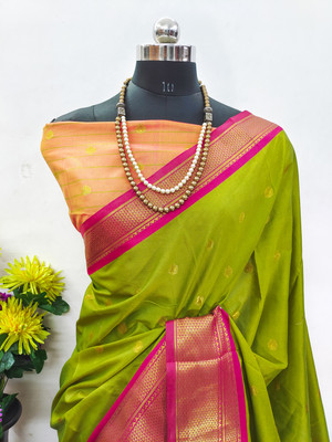 VILLAGIUS Embellished, Woven, Temple Border, Printed Banarasi Art Silk, Cotton Silk Saree(Dark Green)