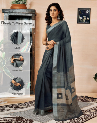 Samah Floral Print, Geometric Print, Embellished Daily Wear Linen Saree(Green)