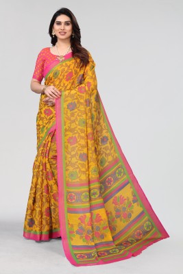 Winza Designer Floral Print Daily Wear Chiffon, Brasso Saree(Mustard, Pink)