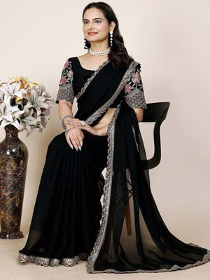 MADHUR HAND WORK ART Embroidered Daily Wear Chiffon Saree(Black)