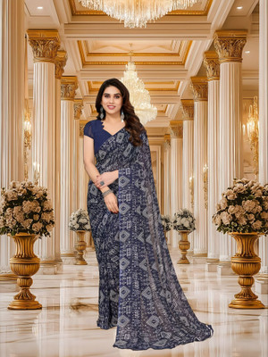 SmittenSmit Printed Bollywood Georgette Saree(Dark Blue)