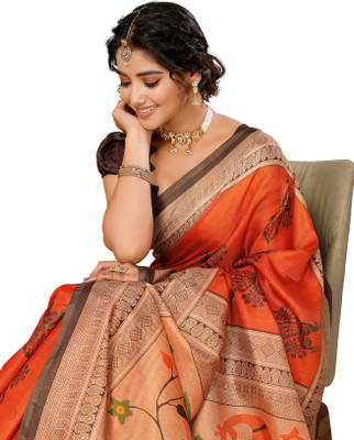 Priyashi Printed Mysore Art Silk Saree(Orange)