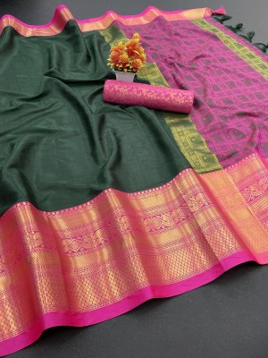 Fstore24x7 Woven, Temple Border, Color Block, Checkered, Striped, Self Design, Applique, Ombre, Paisley, Dyed Dharmavaram Cotton Silk, Pure Silk Saree(Dark Green)