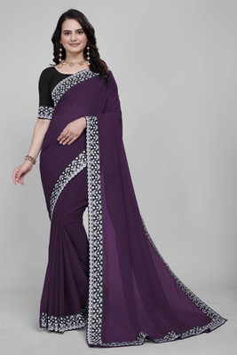 Aai shree khodiyar Solid/Plain, Self Design Daily Wear Georgette Saree(Purple)