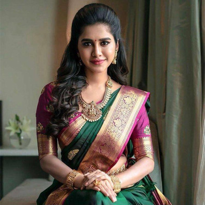 Rudr Venture Self Design Banarasi Cotton Silk Saree(Dark Green)
